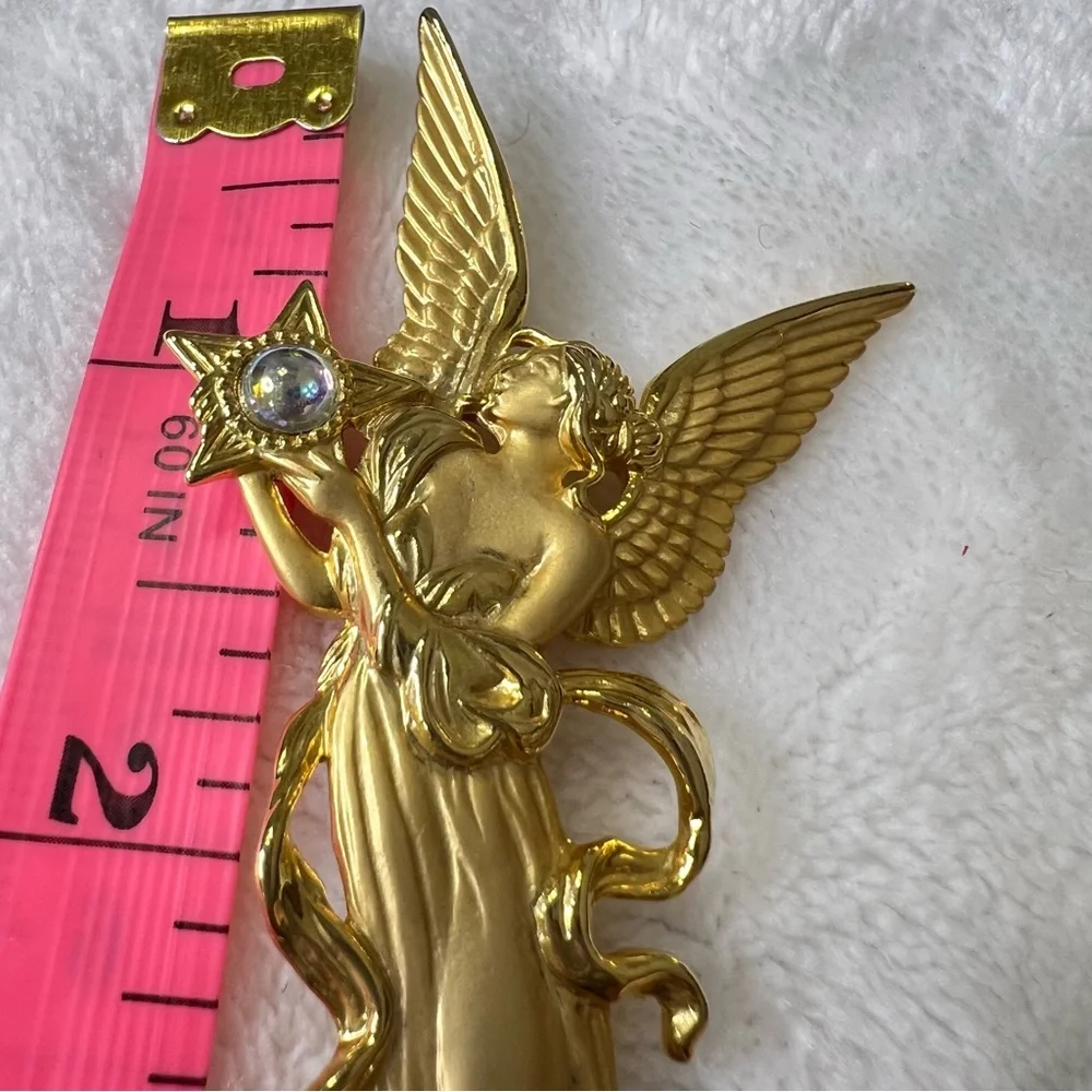 JJ Jonette Vintage Gold Tone Angel With Star and Faux Moonstone Brooch Pin